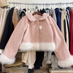 Pink Faux Fur Trim Coat Jacket Peter Pan Collar